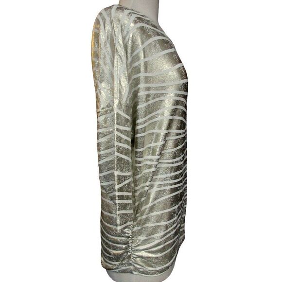 Chico's Metallic Wavy Stripe Gold White Top Sz 0 Ruched Sides Pullover Stretch - Picture 3 of 9